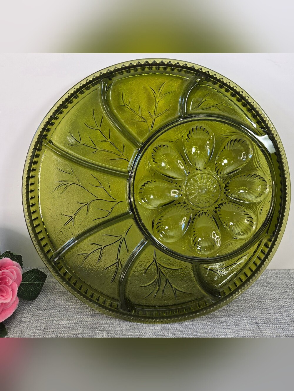 Vintage Indiana Green Glass Deviled Egg Relish Serving Plate Platter / 12.75"